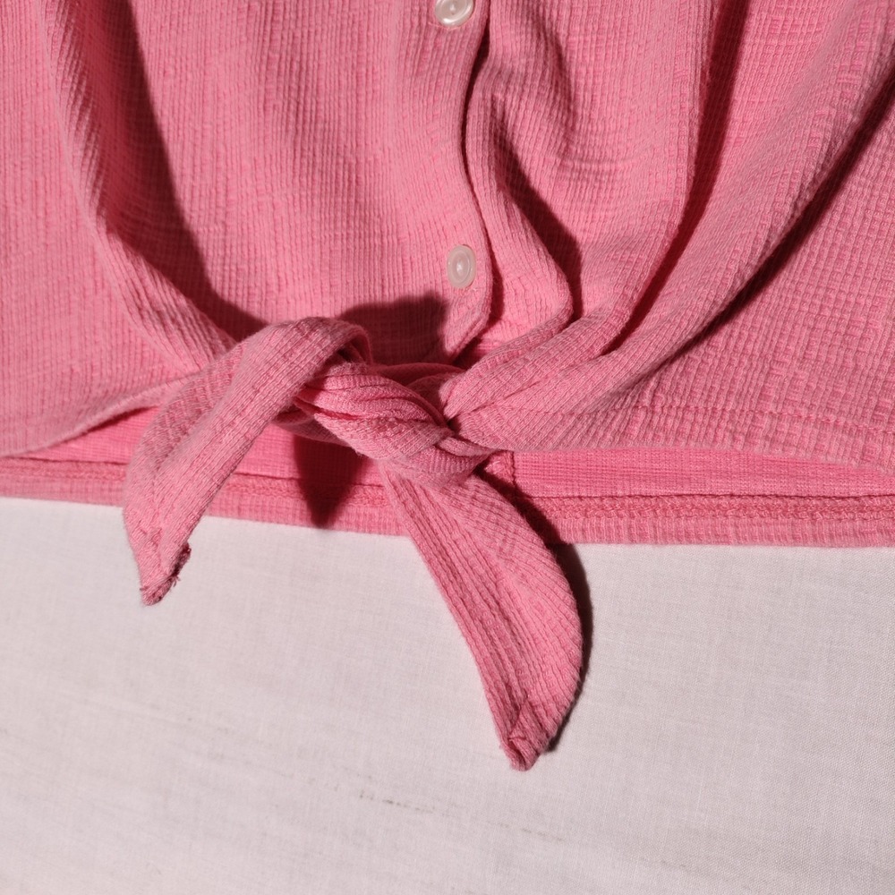 J. Crew Factory Size S Textured Tie Front Button Up Shirt Blouse Stretch Pink - Picture 16 of 16